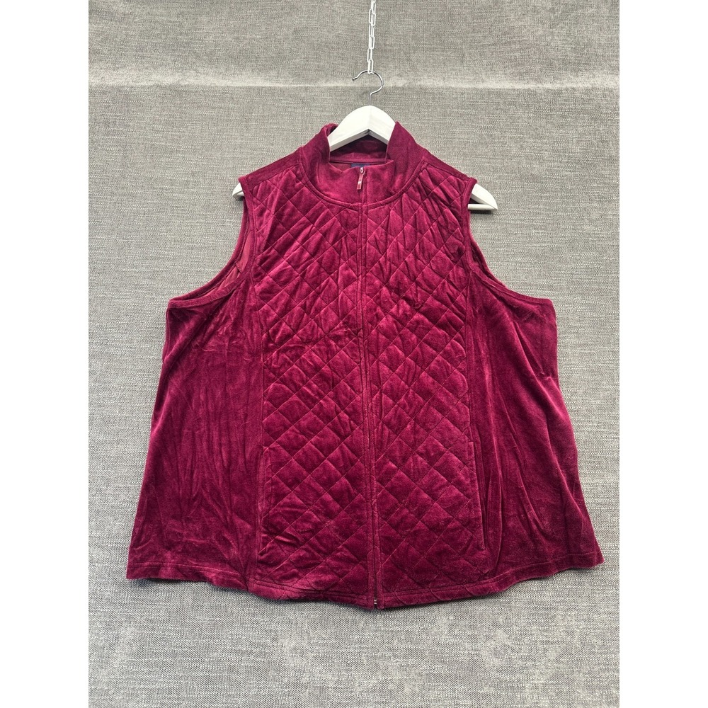 Basic Editions Quilted Velvet Vest Womens 1X Maroon Mock‎ Neck Full Zip Casual